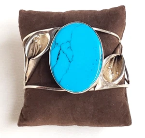 Vtg. Taxco Sterling Silver & Faux Turquoise With Calla Lilies Open Cuff Bracelet - Picture 1 of 12