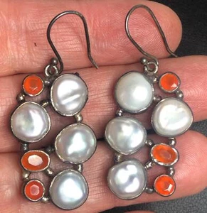 4666 Vintage Sterling 925 Baroque pearl Spessartite garnet earrings 13.5 grams - Picture 1 of 3