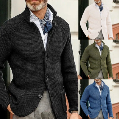 Cárdigan de punto de bolsillo para hombre suéter cálido jersey top abrigo manga larga talla grande Foto 1 de 4