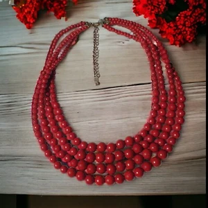 Women Necklace Multi Layered Red Bead Jewelry 16" Short Length Plastic Costume - Picture 1 of 6