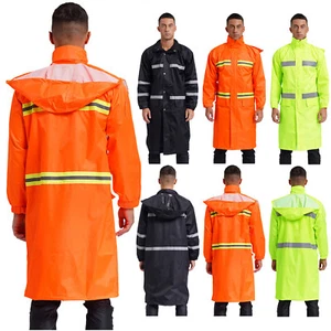 Mens Long Rain Coat Hooded Raincoats Safety Rainwear Waterproof Work Rain Jacket - Picture 1 of 41