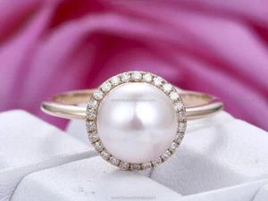 Gift For Her 14k Rose Gold Natural Pearl Moissanite Bridal Band Wedding Ring - Picture 1 of 6