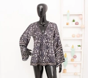 HALE BOB Silk Blouse Grey/Blue Geometric Satin Shirt Kimono Sleeves Ruched Top S - Picture 1 of 10