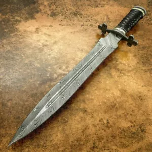 18" SHORT SWORD, SUPERB CUSTOM MADE HAN FORGED DAMASCUS STEEL , BLACK HORN - Picture 1 of 4