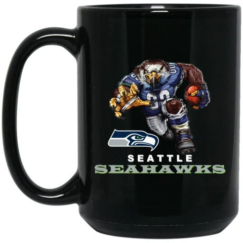 Seattle Seahawks Blitz Logo Player Mascot Black 15 oz Ceramic Coffee Mug Cup Cover