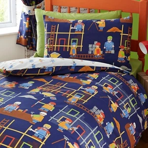 JUEGO DE FUNDA NÓRDICA CAMA INDIVIDUAL PARA SITIO DE CONSTRUCCIÓN TRABAJADORES DE LA CONSTRUCCIÓN ESCALERA AZUL BLANCO - Imagen 1 de 2