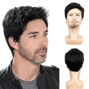 Herrenperücke kurz glatt Kunstfaserperücke Haare Flausch realistisch Naturtoupet. - Bild 1 von 11