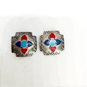 Vintage Clip Earrings Silver Tone Southwest Square Concho Inlay Stone Hearts - Picture 1 of 5
