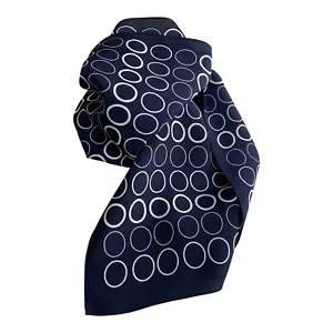 Sciarpa vintage Elaine seta oro bianco navy cerchi geometrici oblunga 10"x52" - Foto 1 di 6