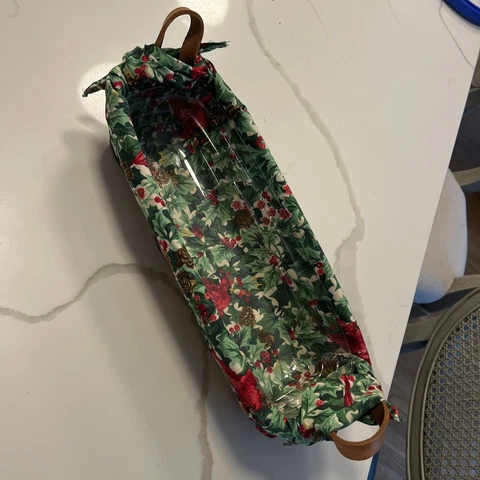 Longaberger 1992 Cracker Basket, Protector/Leather Handles Christmas Holly Liner Cover