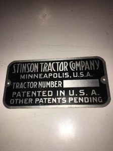 Stinson Tractor Company Minneapolis U.S.A Tractor Id Tag Serial Number Tag - Picture 1 of 5