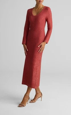 Vestido St. John tejido lentejuelas cuello en V, coral/óxido claro, nuevo con etiquetas, talla mediana Foto 1 de 4