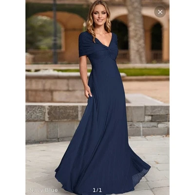 Vestido de Noche Formal Rickie Freeman Teri Jon Azul Marino Plisado Manga Gasa 8  Foto 1 de 4