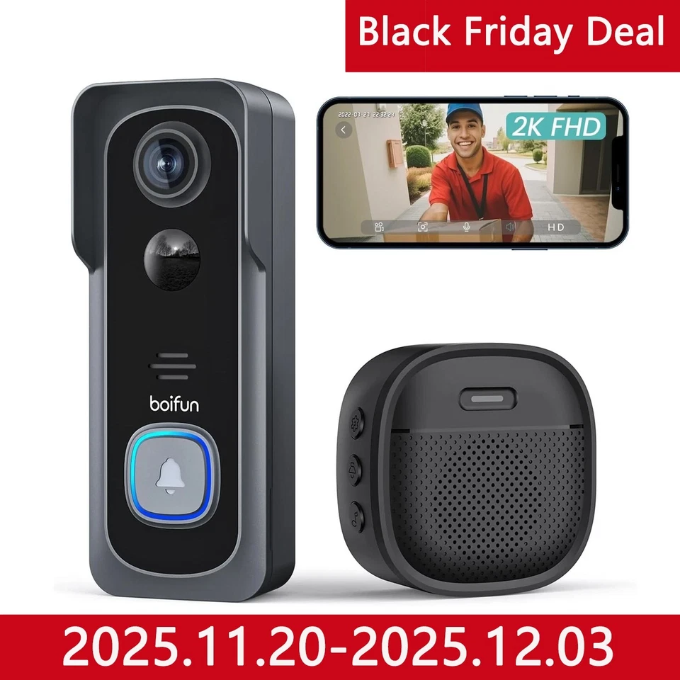 BOIFUN 2K HD Smart Video Doorbell Camera Wireless with Chime Immediate Alarm,UK - Image 1 of 4