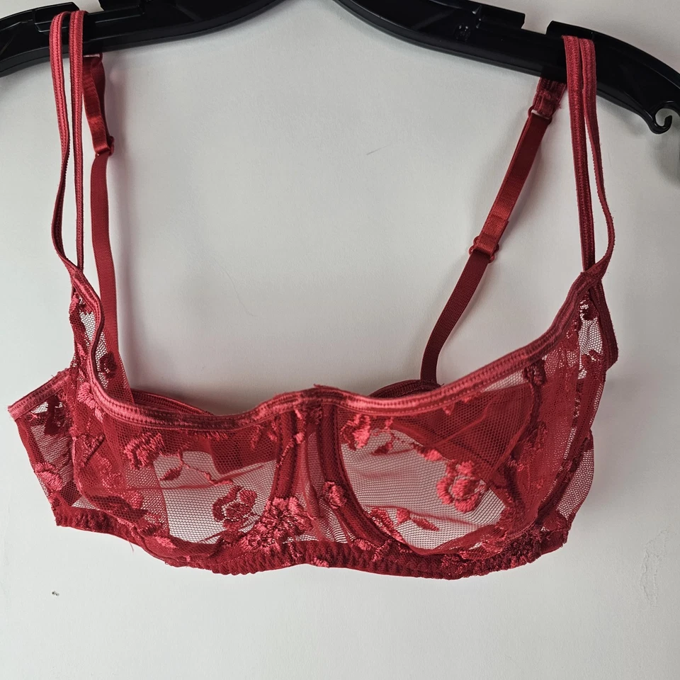 Vintage Y2K Victoria's Secret Red Bow Floral Embroidered Mesh Bra 34B Unlined - Image 1 of 4