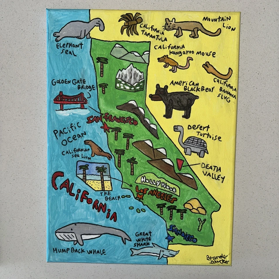 Pintura de arte original Mapa de California 12x16 firmada Brandon Drucker Foto 1 de 1