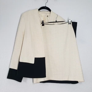 Ivanka Trump Falda Traje Mujer 14 Marfil Tweed Bloques de Color Frente Abierto Blazer Oficina - Imagen 1 de 24