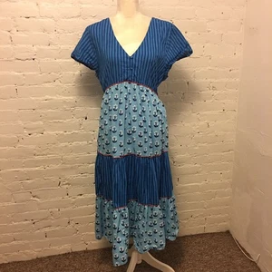 Vestido midi estampado fresco algodón escalonado estampado mixto azul talla grande - Imagen 1 de 9