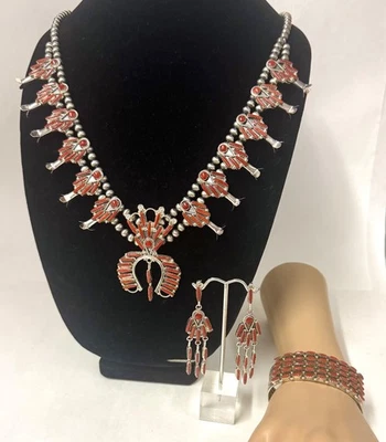 Juego de pulsera collar pendiente flor calabaza punta aguja coral rojo Zuni SS Foto 1 de 4