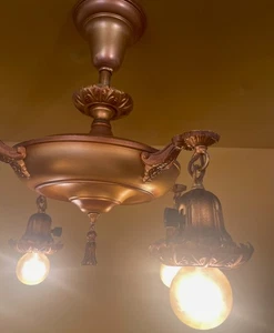 Vintage Light 1920s 4-arm brass pan Semi Flush. 16-long. MORE AVAILABLE - Picture 1 of 4