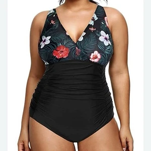 Aqua Eve Women Plus Size 14W One Piece Swimsuit V Neck Tummy Control - Picture 1 of 7