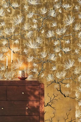 Papel Pintado Anthropologie Wallquest Bonsai Floral Hoja de Oro Nuevo con Etiquetas Todo Natural Foto 1 de 4