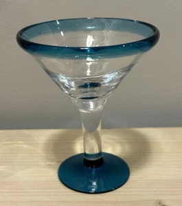 Hand Blown Mexican Martini 10oz Margarita Glass Teal Blue Rim & Base - Picture 1 of 7