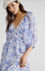 Free People You're A Jewel Maxi Dress Chiffon Floral Birds Ivory Blue S NWT - Picture 1 of 4