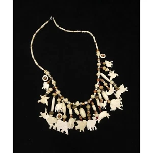 VTG Carved Bone Wild Animal & Glass Bead 24" Statement Necklace Aboriginal - Picture 1 of 5