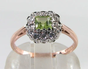 9K 9CT ROSE GOLD PERIDOT DIAMOND HALO ART DECO INS DAINTY RING FREE RESIZE - Picture 1 of 5