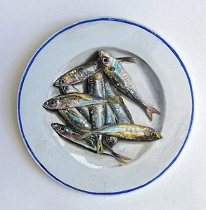 Mackerel oil painting fish still life 12x12 - Picture 1 of 6