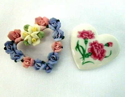 Set of 2 AVON Pins Pastel Hearts & Flowers and White Porcelain Heart pink flower - Image 1 of 4