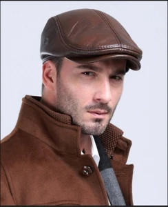 Herren Retro Barette Schirmmütze Mütze Kappe Leder Schwarz Braun - Picture 1 of 14