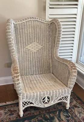 Sillón vintage victoriano Shabby con respaldo de mimbre y ratán Foto 1 de 4