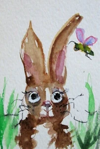 Aceo bunny rabbit bee insect miniature collectible watercolor art Delilah - Picture 1 of 5