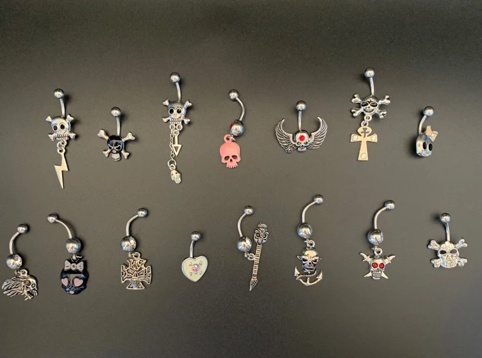 75pcs Belly Button Rings Skull/Bone Theme 15 Assorted Unique Designs Silver Ring - Image 1 of 4