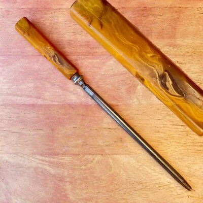 复古 MARBLED TORTOISE BAKELITE 手动杆刀刀片磨刀器 12+ 英寸黄色棕色 — 第 1/4 张图片