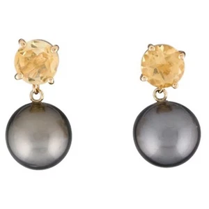 Orecchini Pendenti Tahitiani Perla & Citrino 14 Oro Giallo - Foto 1 di 8