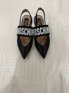 Moschino Logo Strap Leather Pointed Toe Slingback Flats Black Size EU 36.5/US 6 - Picture 1 of 9