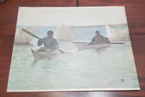 Original Colorized Photo 2 Greenland Native Inuit Men In Umiak Boats 11" x 14" - Picture 1 of 6