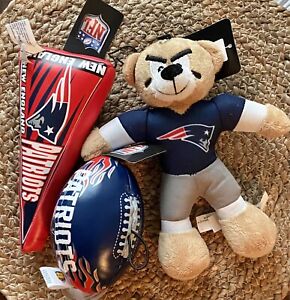 Lot of 3 New England Patriots Plush Bear, Ball & Banner New w/Tags