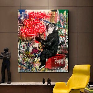 URBAN ART BANKSY MONKEY NEON PRINT ON STRETCHED CANVAS PRINTS  ABSTRACT HOME ART