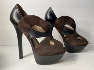 Fendi Suede Leather Open Toe Pumps High Heels Platform Black Brown 37.5/ 7 - Picture 1 of 10
