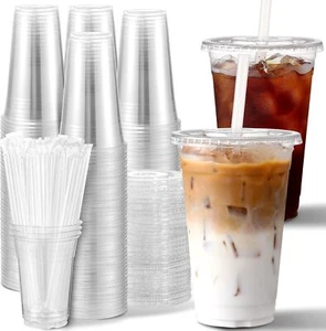 100 Pack 16 Oz Disposable Clear Cups With Lids & Straws For Cold Drinks - Picture 1 of 7