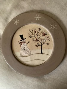 Donna White 9.5 Inch Snowman Cardinals In Tree Wood Plate Primitive Signed - Picture 1 of 5