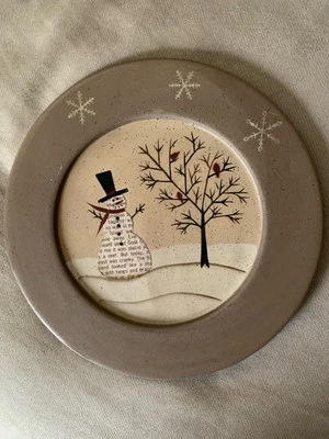 Donna White 9.5 Inch Snowman Cardinals In Tree Wood Plate Primitive Signed - Image 1 of 4