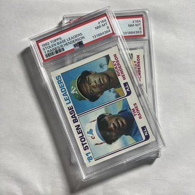 2 1982 Topps #164 Robado Base Líderes Tim Raines y Rickey Henderson PSA 8 Foto 1 de 2