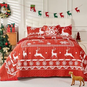 Cmfshape King Size Quilt Set Christmas,Red Reversible Bedspread for New Year,... - Picture 1 of 8