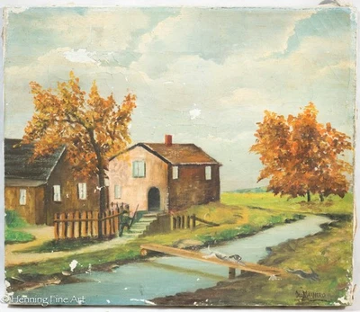 Pintura al óleo de arte popular vintage Joseph Mainero 1939 perro persiguiendo conejo paisaje Foto 1 de 4