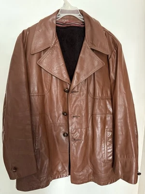 Abrigo Chaqueta Vintage Retro Años 70 ERA Cuero Marrón Largo Medio 44 ¡Muy Bonito! Foto 1 de 4
